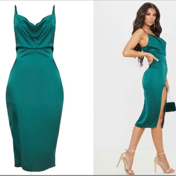 PrettyLittleThing Dresses & Skirts - Pretty Little Thing Emerald Green Strappy Satin Cowl Neck Midi Dress